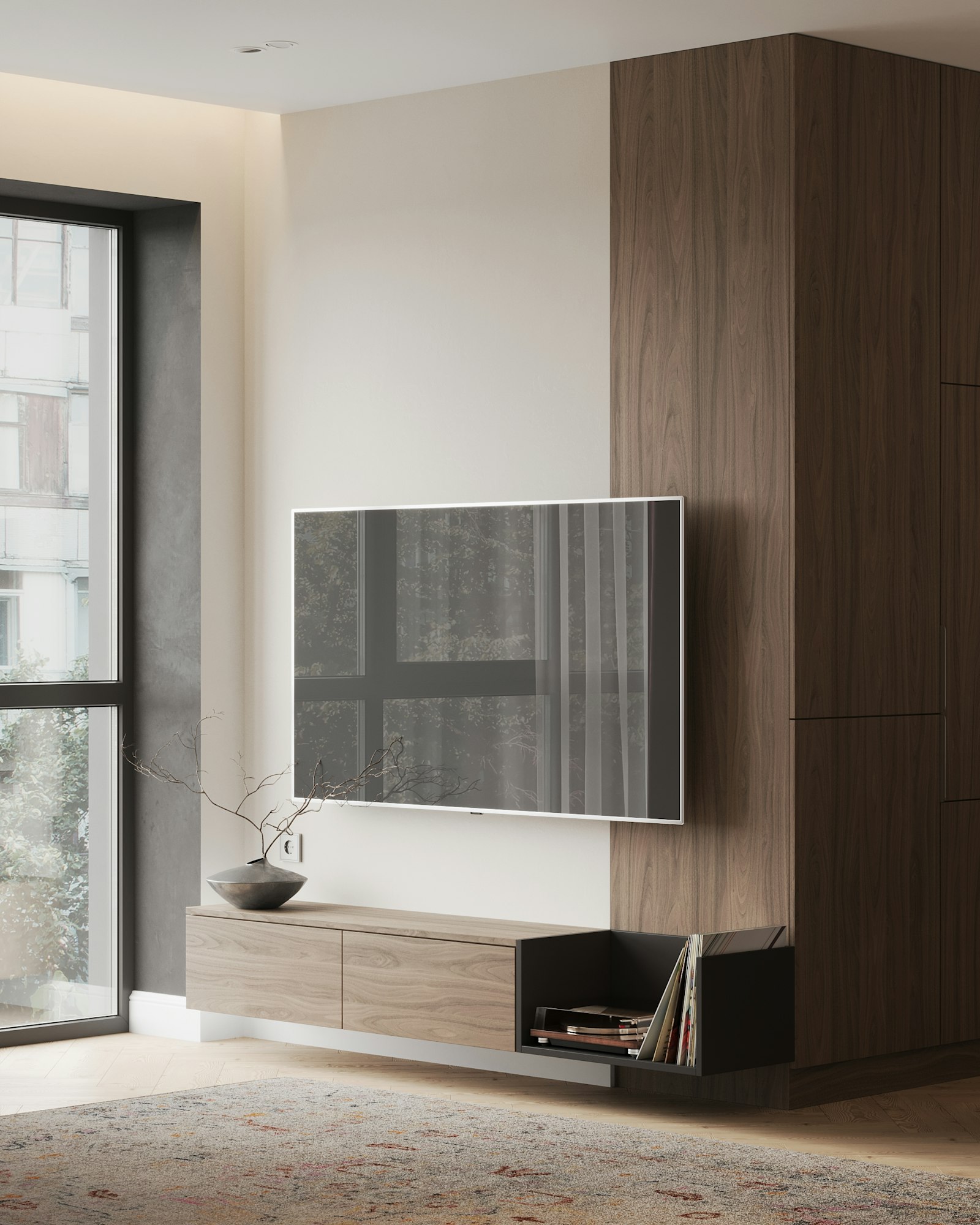 Sala de estar moderna com smart TV grande instalada na parede